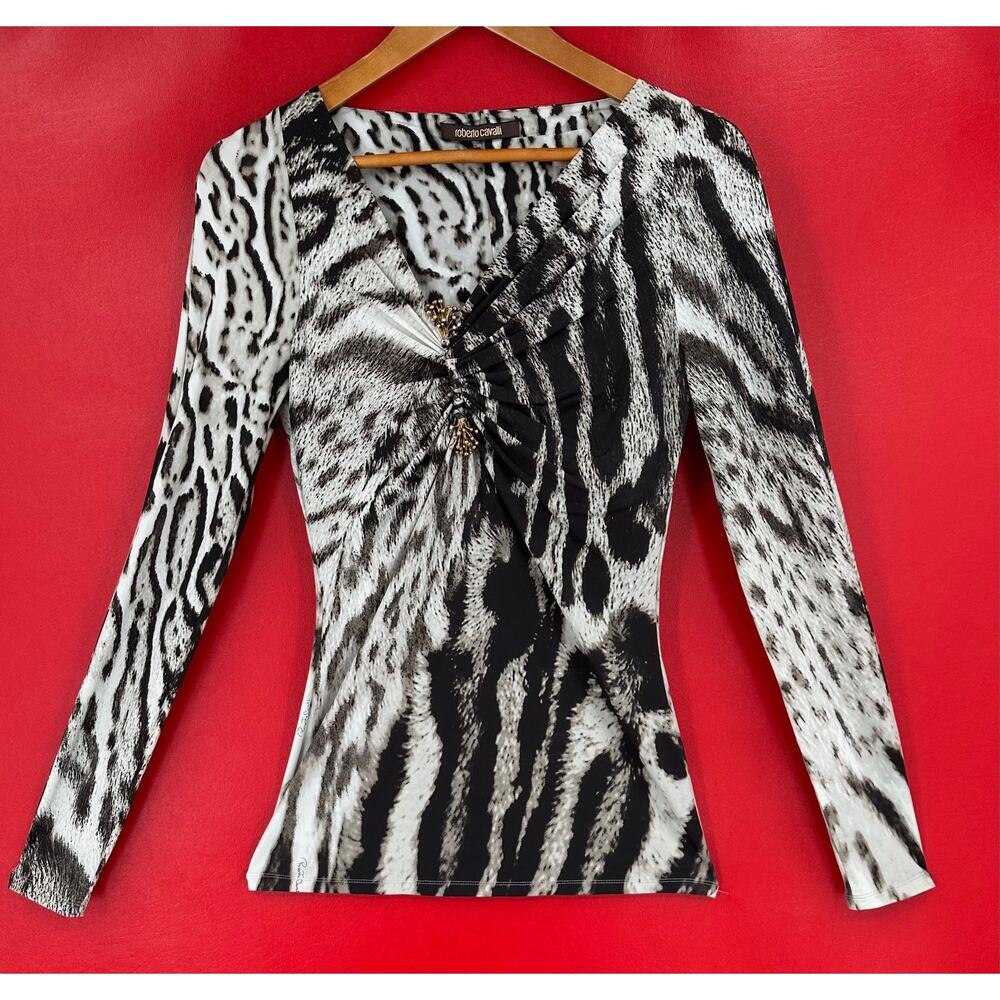 Roberto Cavalli Black and White Animal Print Long Sleeve Blouse - Picture 10 of 13